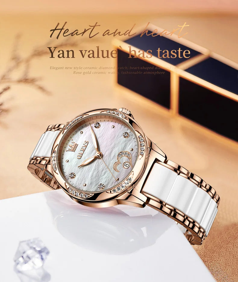 OLEVS 6631 Luxury Date Mechanical Watch For Women Original Ceramic Steel Strap Woman Wristwatch Deep Waterproof Dress Watches