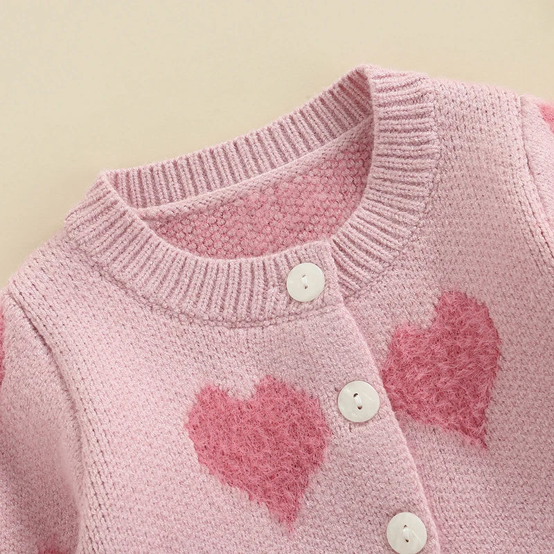 Adorable Newborn Knit Cardigan Sweater Coat Infant Toddler Girl Boy Heart Pattern Long Sleeve Button Closure Jacket Top