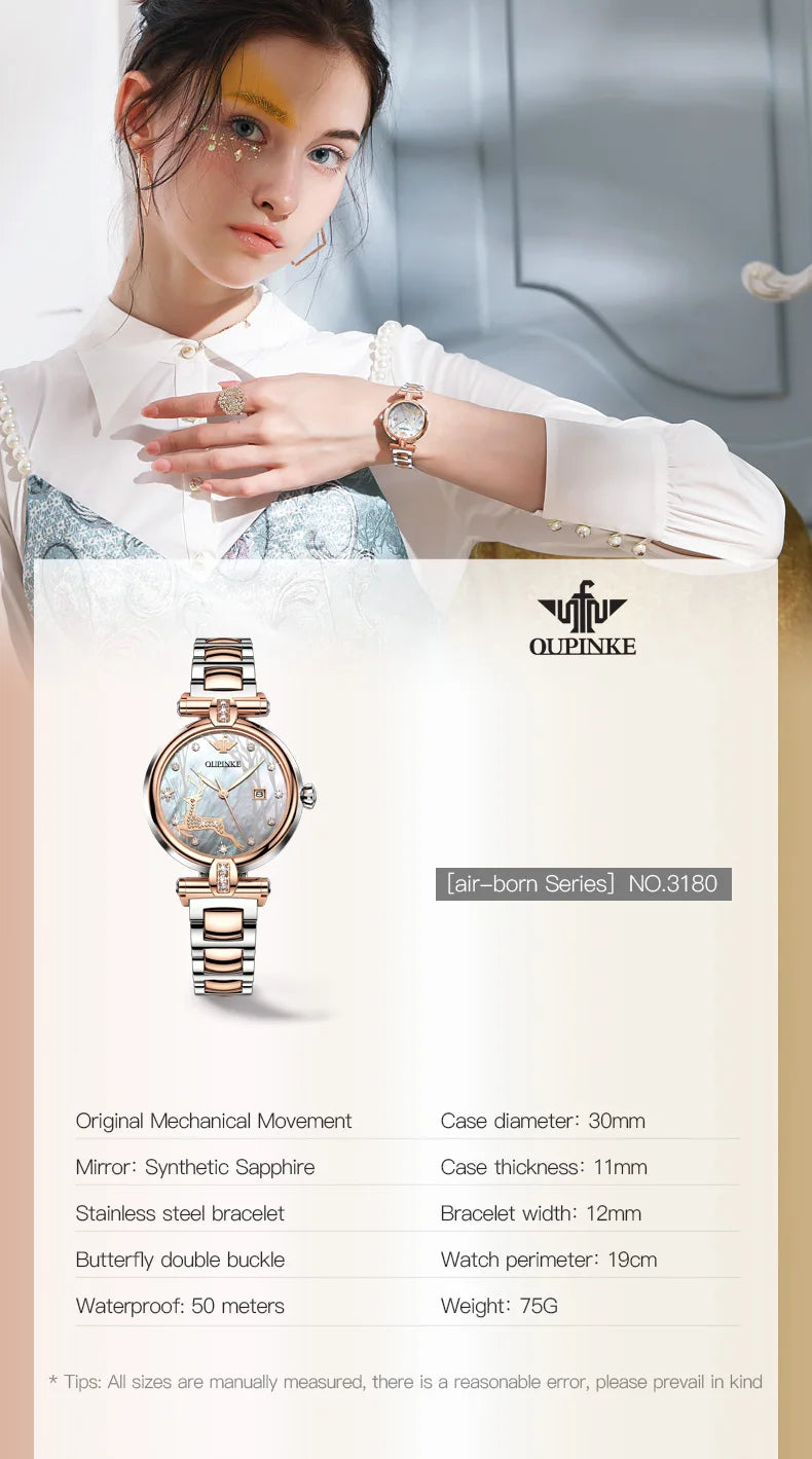 OUPINKE 3180 Luxury Women Automatic Mechanical Watch Elegant Ceramic Elk Diamond Waterproof Watch Fashion Women Watch Girl Gift