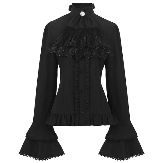 Elegant French Style Solid Shirt for Women Stand Flare Long Sleeve Lace Embroidery Ruffles Bandage Top Gothic Vintage Blouse