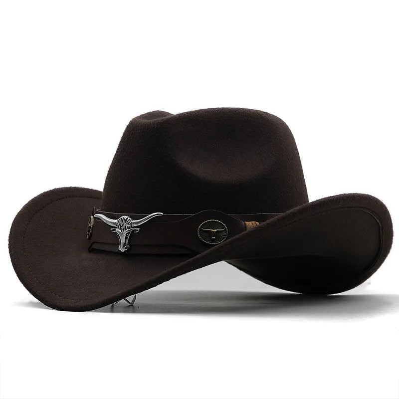 Western Cowboy Hat 4 Sizes Black Woolen Jazz Top Hat Men Ethnic Style Cow Head Ribbon Felt Cap Women Children Riding Fedora Hat