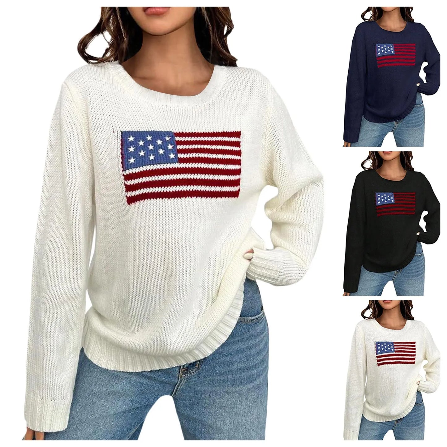 2024 New Womens Flag Print Sweater Autumn Knitted Sweater Elegant Jumper Casual O-Neck Knitwears Pullover