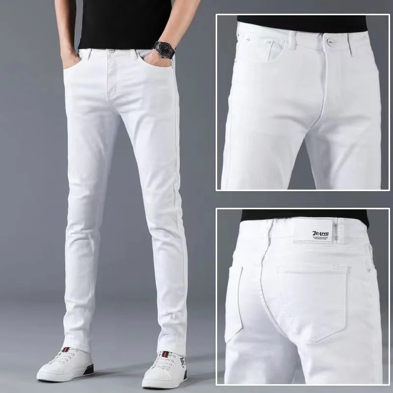 Fashion Mens Slim Fit Denim Pencil Pants High Quality Black White Skinny Stretch Jeans Mens High Street Jeans Four Season