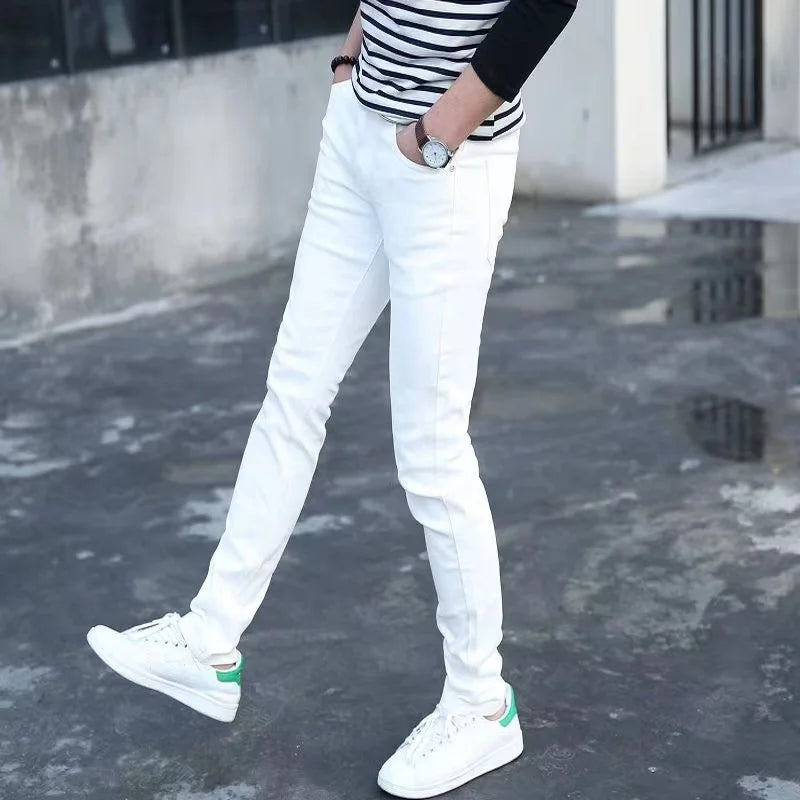 Fashion Mens Slim Fit Denim Pencil Pants High Quality Black White Skinny Stretch Jeans Mens High Street Jeans Four Season