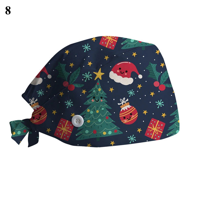 New Christmas Scrubs Caps Santa Claus Print Cap Pet Grooming Agency Work Scrubs Hat Beauty Work Hats Lab Nursing Cap