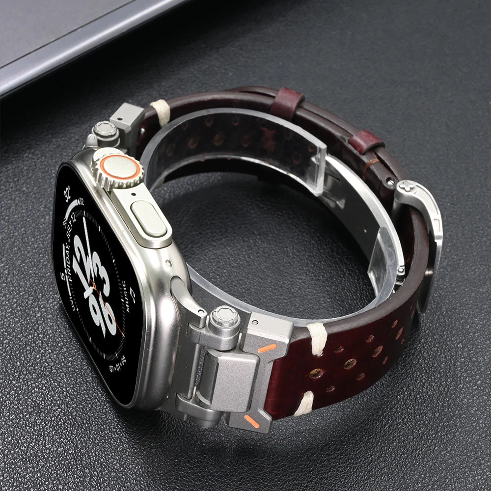 Leather Band for Apple Watch Ultra 2 49mm Series 10 46mm Strap for iWatch Series 9 8 7 45mm 4 5 6 se 44mm Luxury Metal Bracelet