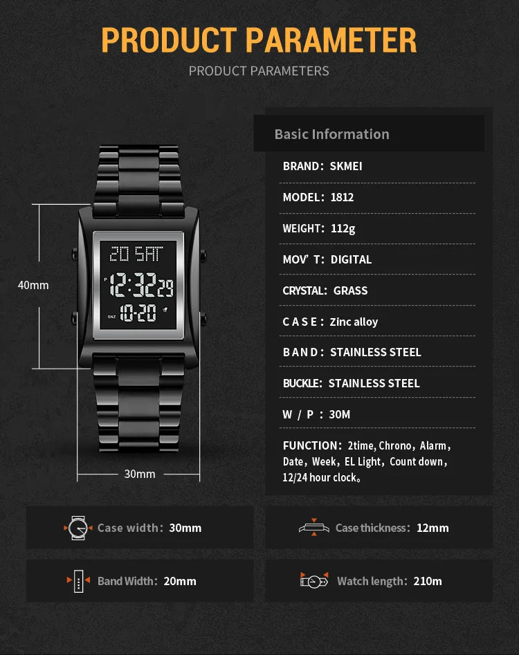 Skmei Mens Military Chrono Count Down Alarm LED Light Waterproof Sport Watches Reloj Hombre Japan Digital Movement Watch 1812