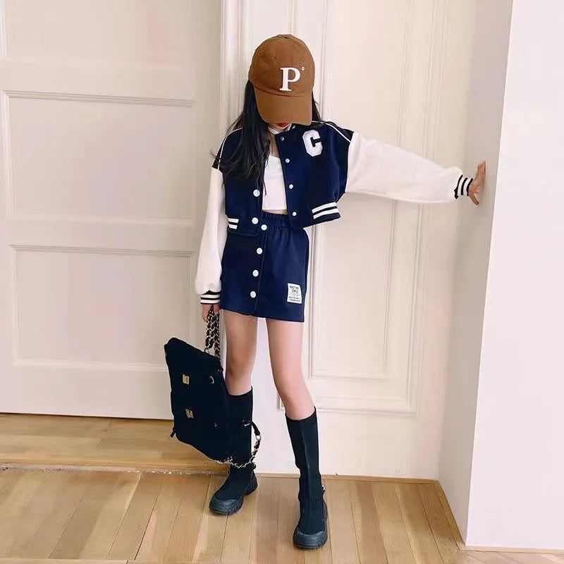 Baseball Coats+Slim Skirt 2Pcs Clothing Sets Spring Autumn Teen Girls Fashion Sports Outfits Kids Letter Print Tracksuit 3-14 Y