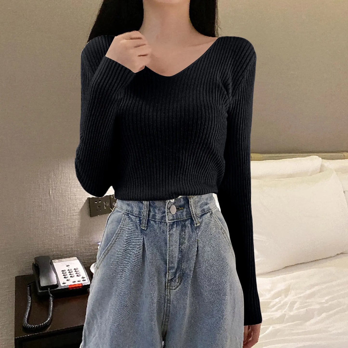 Women Basic Bottoming Pullover V Neck Sweater Autumn Winter Slim Fit Stylish Inner Wear Knitted Long Sleeve Top Tight Work Cloth