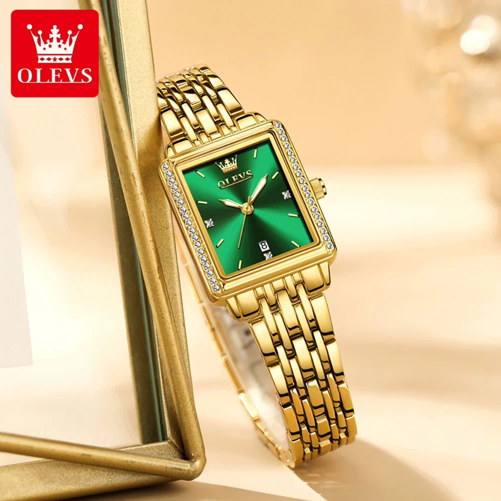 OLEVS Women Watches Fashion Golden Green Stainless Stain Steel Ladies Watch Waterproof Quarzt Wristwatch Romatic Girlfriend Gift