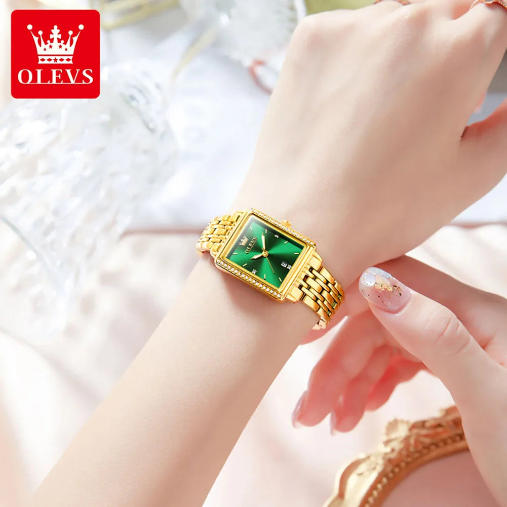 OLEVS Women Watches Fashion Golden Green Stainless Stain Steel Ladies Watch Waterproof Quarzt Wristwatch Romatic Girlfriend Gift