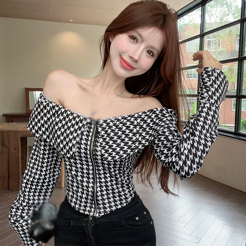 Women's Shirt Korean Version Spring Autumn Plaid Zipper Long Sleeves Fashion Blouse Clothing