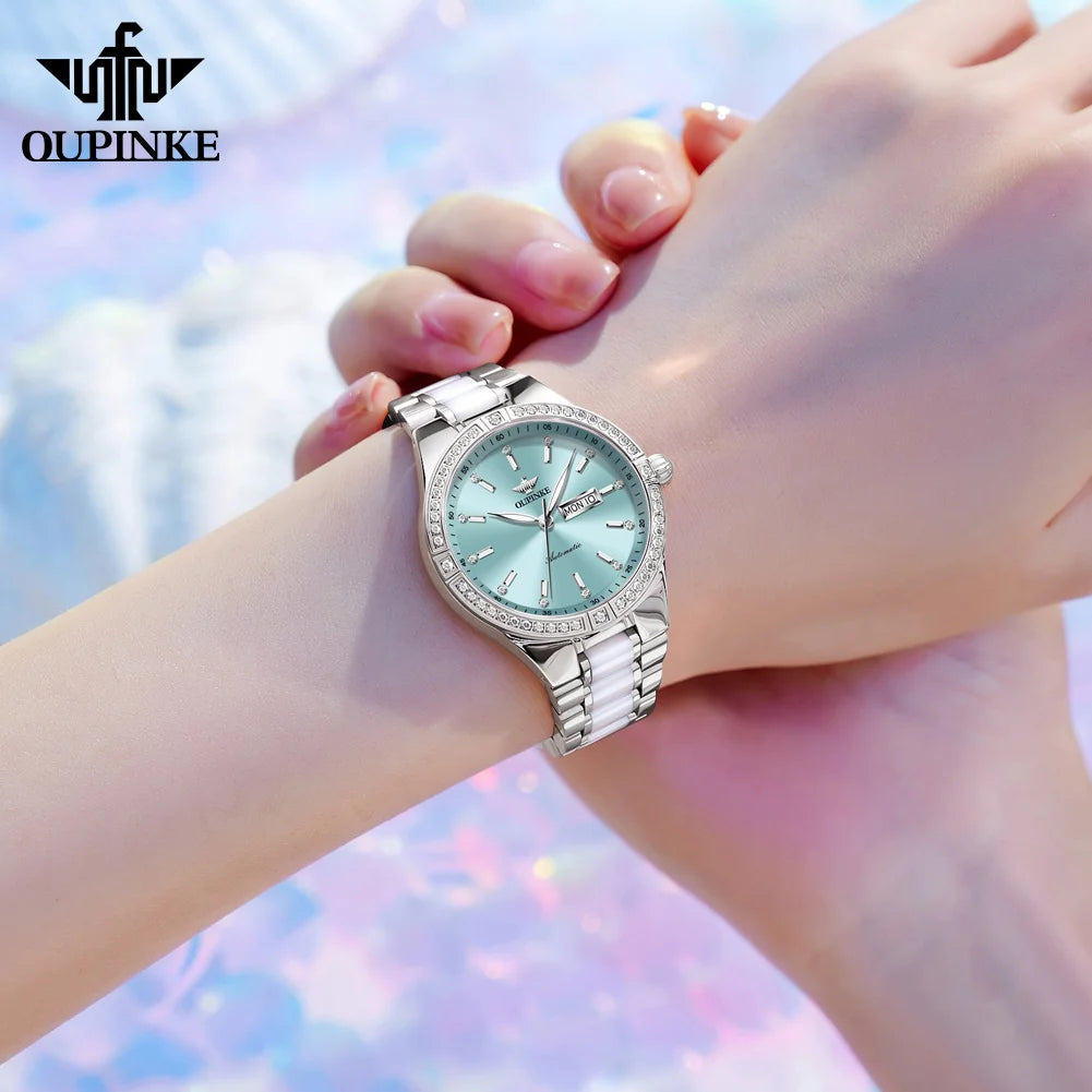 OUPINKE 3283 Women's Watch Elegant Ceramic Strap Luxury Brand Sapphire Calendar Week Waterproof Women Automatic Mechanical Watch