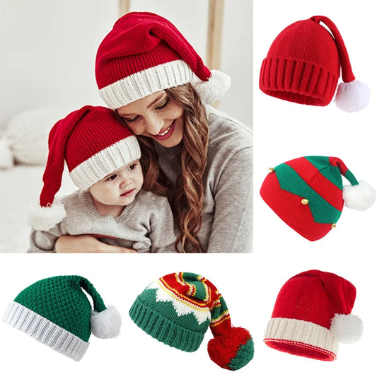 Parent-Child Christmas Hat Big Pompom Mother Kids Knit Beanie Cap Winter Warm Infant Bonnet Girls Boy Xmas Baby Accessories 1PC