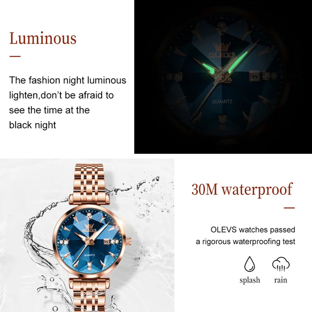 OLEVS Women's Watches New Luxury Quartz Original Fashion Trend Watch for Woman Glow Waterproof Diamond Inlay Date