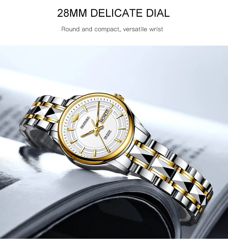 OUPINKE 3170 Dual Calendar Mechanical Watch For Women Top Brand Deep Waterproof Dress Wristwatch Luxury Stainless Steel Watches