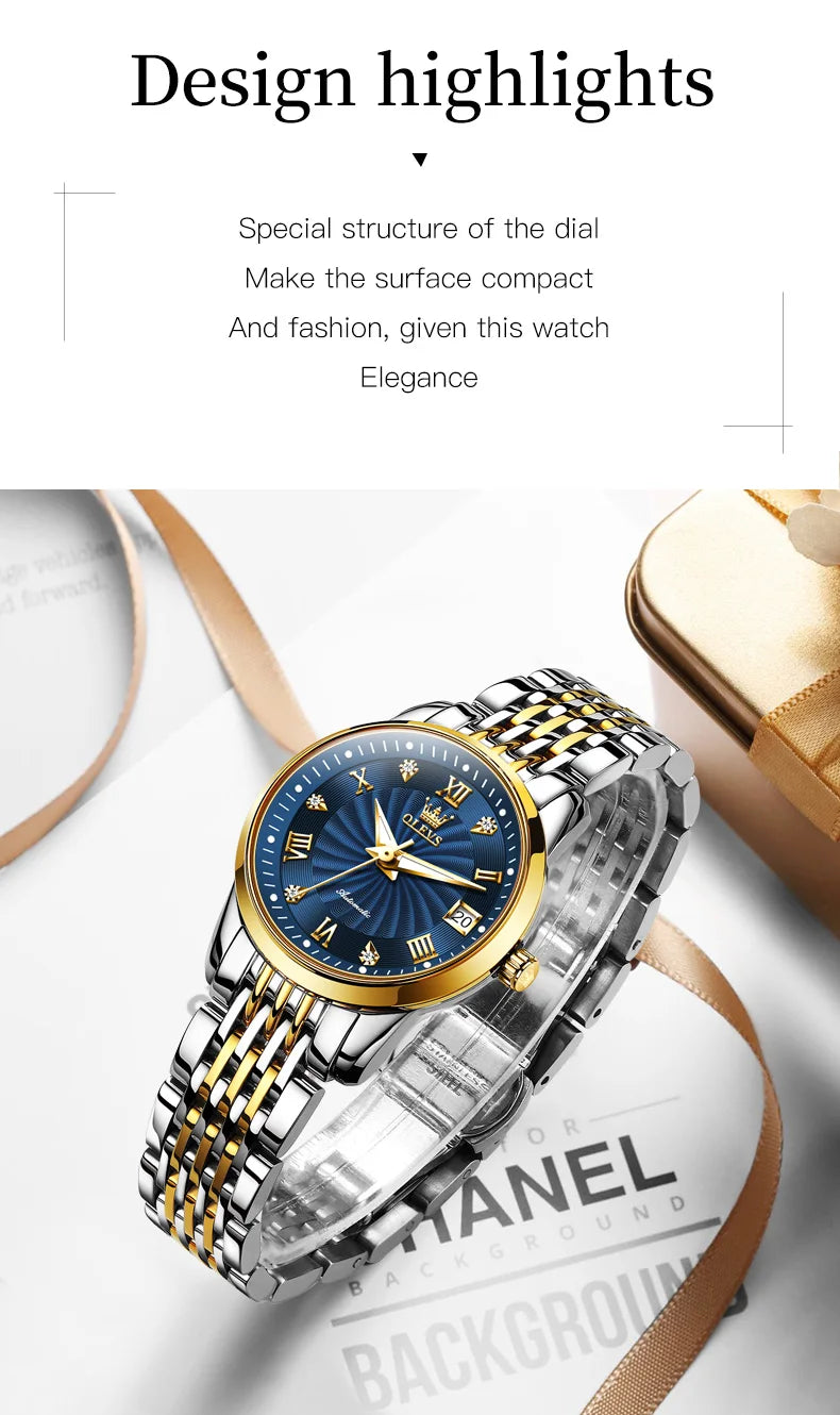 OLEVS Automatic Mechanical Watch for Women Luxury Top Brand Ladies Wristwatch Waterproof Luminous Stainless Steel Girls Watches