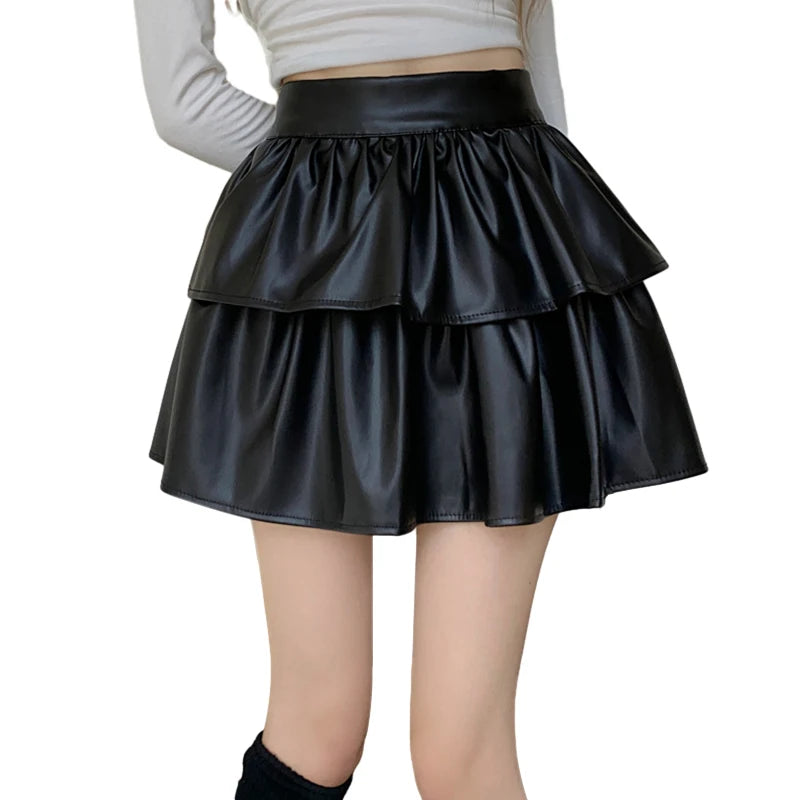 Women's Skirt Korean Version High Waist Sweet Versatile Fashion Temperament PU Leather Bouffant Cake Skirt