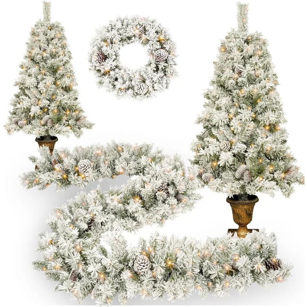 Christmas Tree Set of 4pc, Set of 2 Artificial Potted Entrance Trees with Lights 9FT Garland for Fireplace Front Christmas Trees