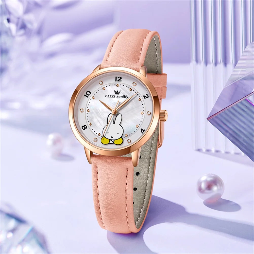 OLEVS & Miffy Joint Edition Women's Watches Pink Cute White Rabbit Dial Watch for Girl Exquisite Gift Box Packaging Waterproof