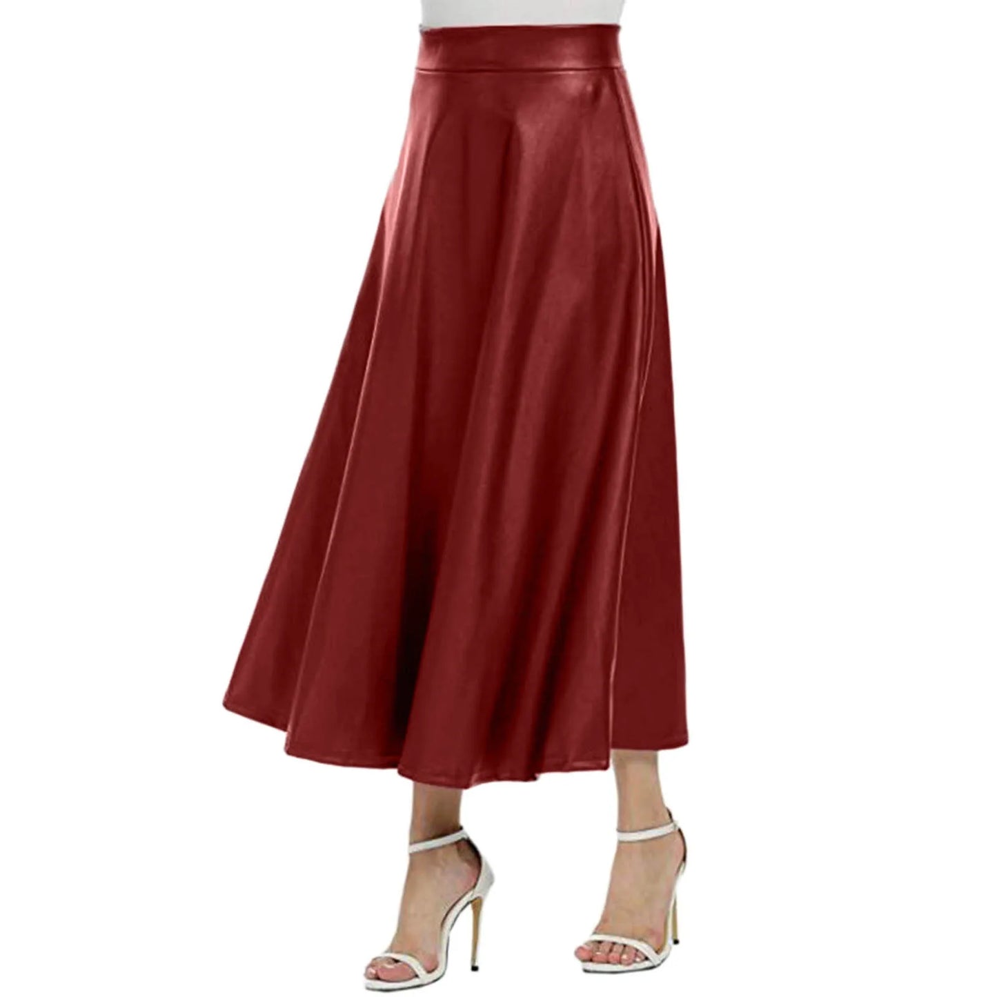 Faux Leather Skirt Women High Waist Solid Color A Line Pu Leather Midi Skirt Office Lady Business Skirts Streetwear Dress Up