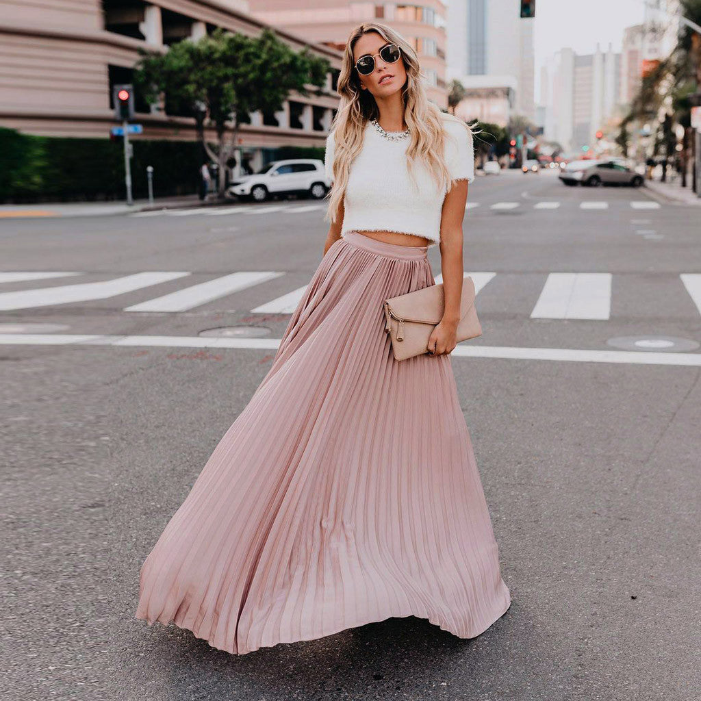 2022 Fashion Womens A-line Pleated Red Skirts Summer Jupe Longue Elastic Vintage Elegant Chic Loose Long Skirt Dropshipping