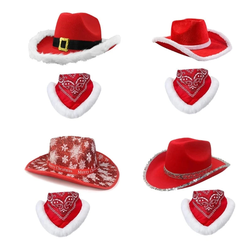 Stylish Scarf Cowgirl Hat Bandana Set for Christmas Party Photo Props Santa Hat with Beautiful White Brim