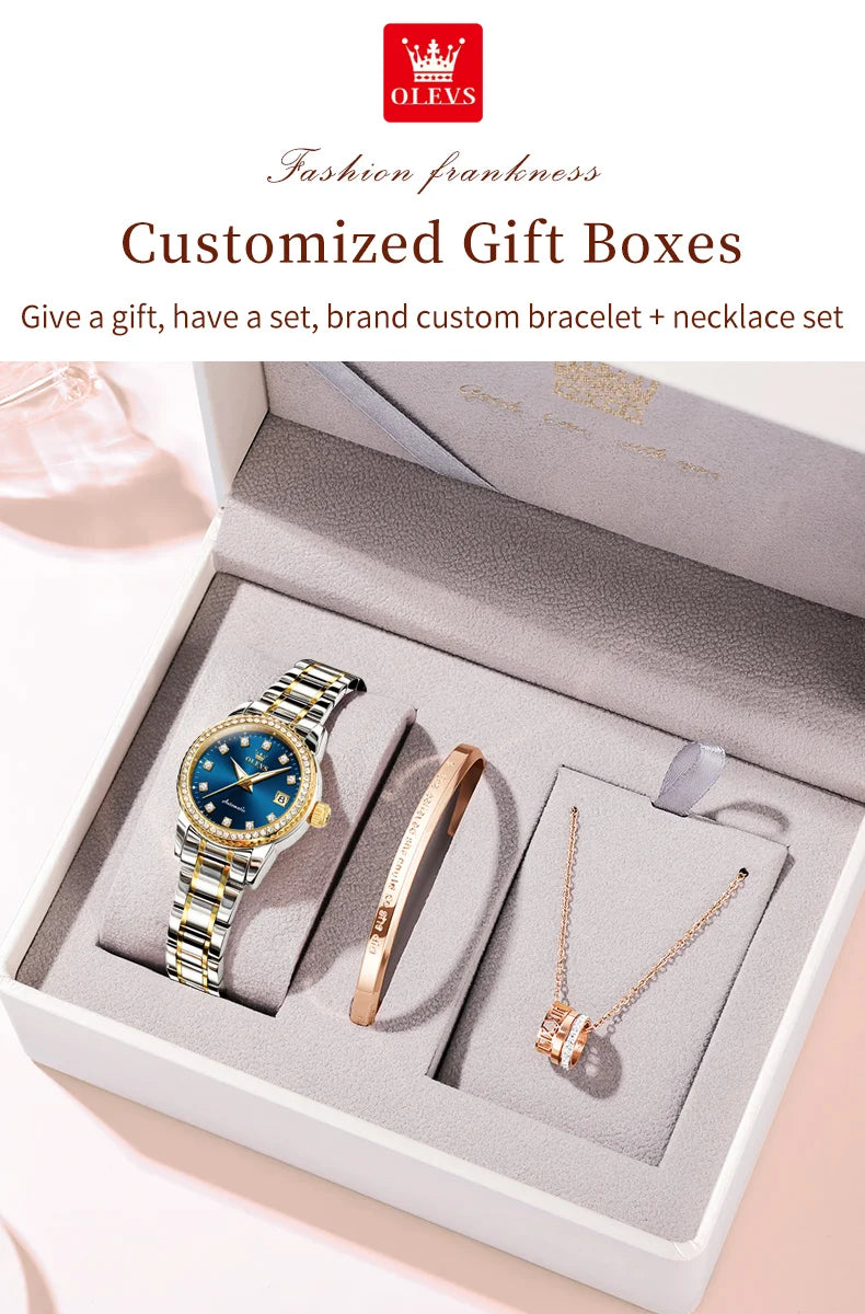 OLEVS Automatic Watch for Women Diamond Gold Luxury Stainless steel Elegant Original Women's Automatic Watch Necklace Gift Set