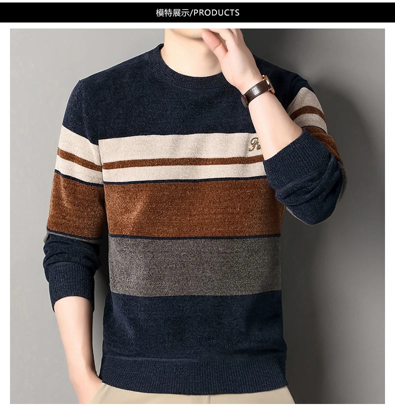 Mens Chenille Sweaters Fashion Knitting Pullover Striped Men's Autumn Winter Top Clothes Round Neck Knitted Sweaters