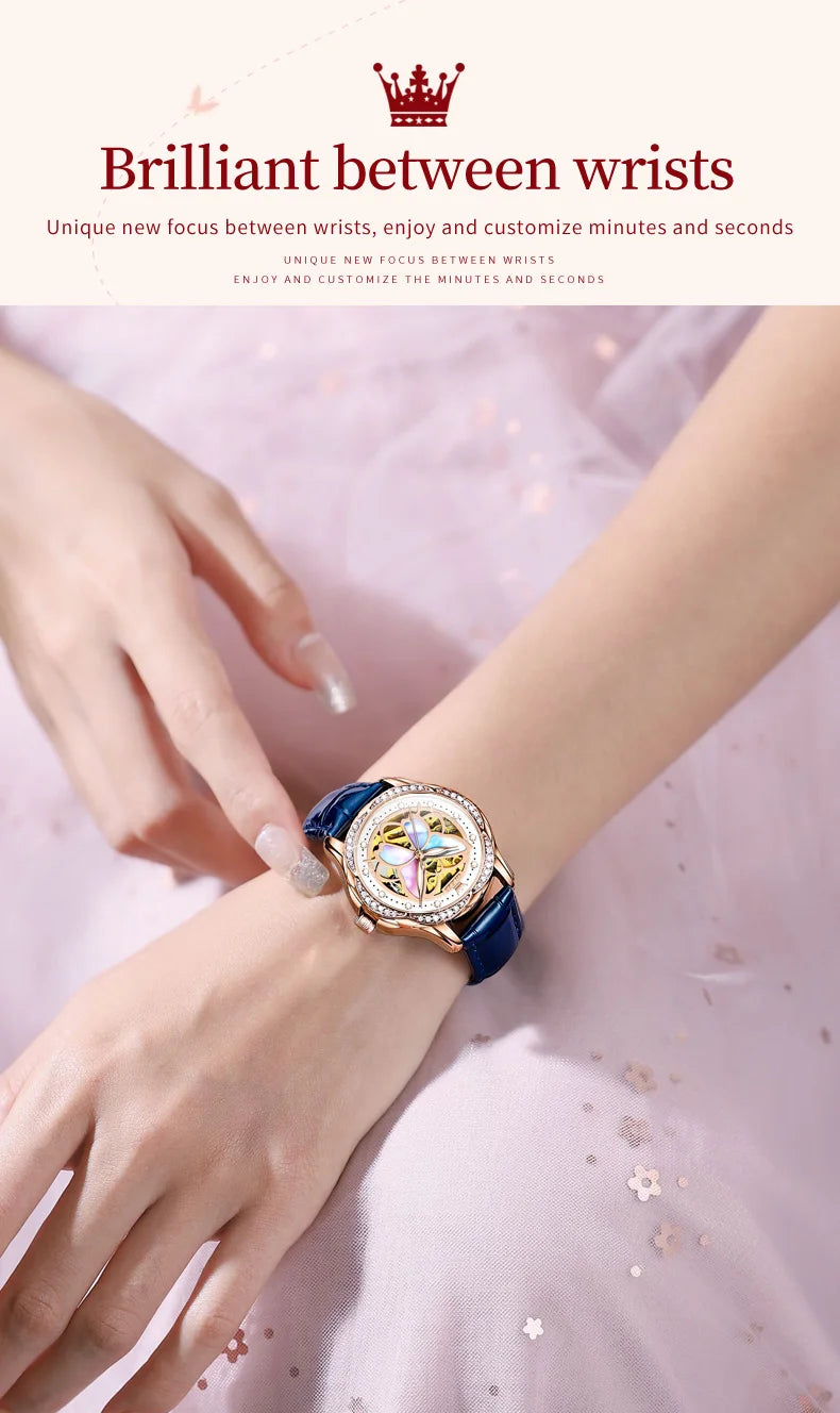 OLEVS Automatic Mechanical Watch for Women Colorful Fritillary Butterflies Luxury Elegant Ceramics Watchband Ladies Wristwatches