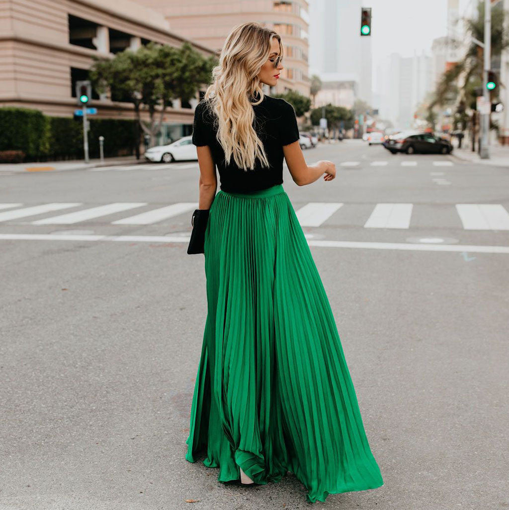 2022 Fashion Womens A-line Pleated Red Skirts Summer Jupe Longue Elastic Vintage Elegant Chic Loose Long Skirt Dropshipping