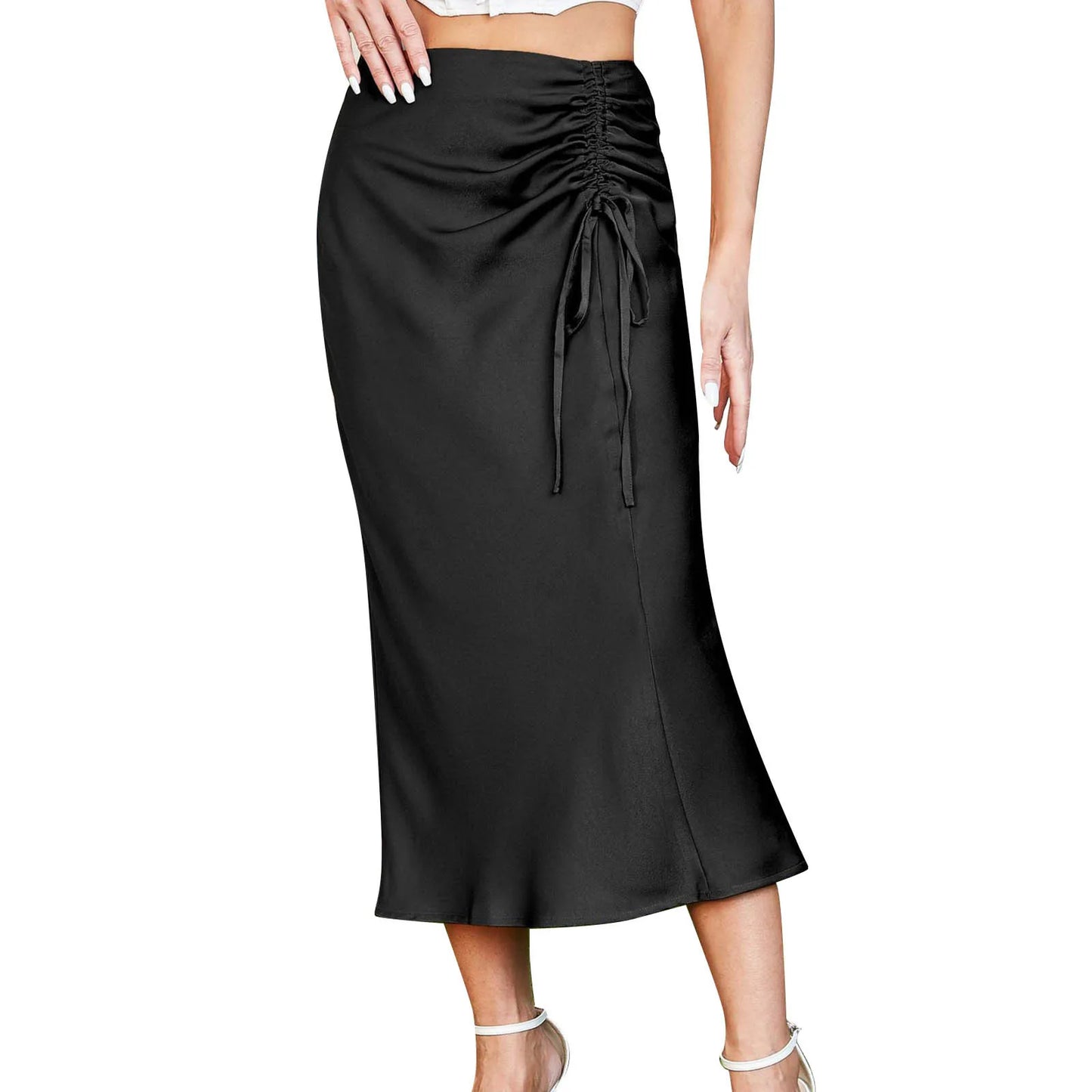 Women Elegant High Waist Ruched Shirring Satin Slim Fit Long Skirt Sexy Hip Wrapped Pleated Solid Color Skirt Chic Office Outfit