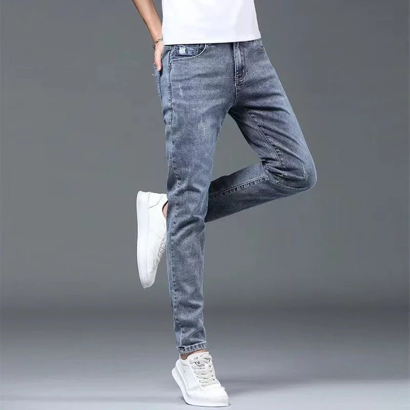 Boyfriend Daily All-match Pencil Distressed Jeans Men Casual Slim Fit Denim Pants Narrow Leg Ripped Pants Skinny Solid Trousers