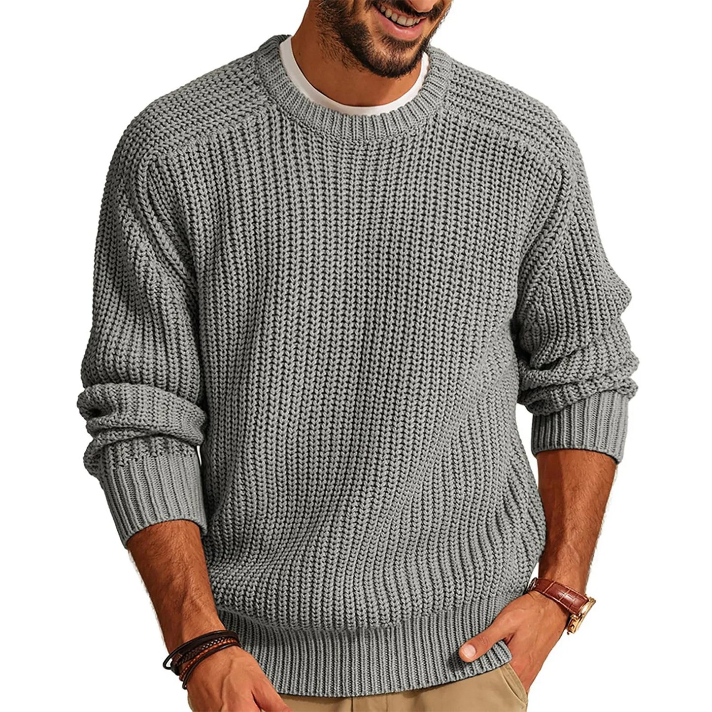 Autumn Winter Casual Brushed Knitted Sweater Men Round Neck Long Sleeve Base Shirt Tops Solid Color Loose Plain Sweaters