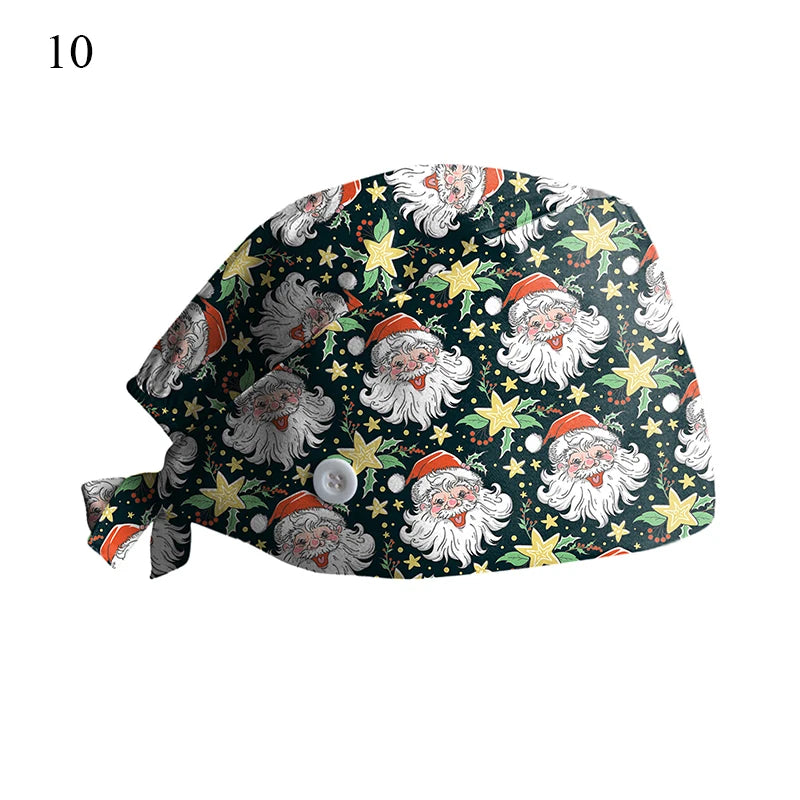 New Christmas Scrubs Caps Santa Claus Print Cap Pet Grooming Agency Work Scrubs Hat Beauty Work Hats Lab Nursing Cap