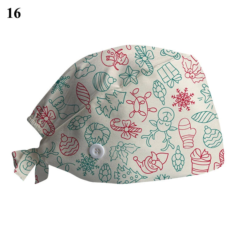 New Christmas Scrubs Caps Santa Claus Print Cap Pet Grooming Agency Work Scrubs Hat Beauty Work Hats Lab Nursing Cap