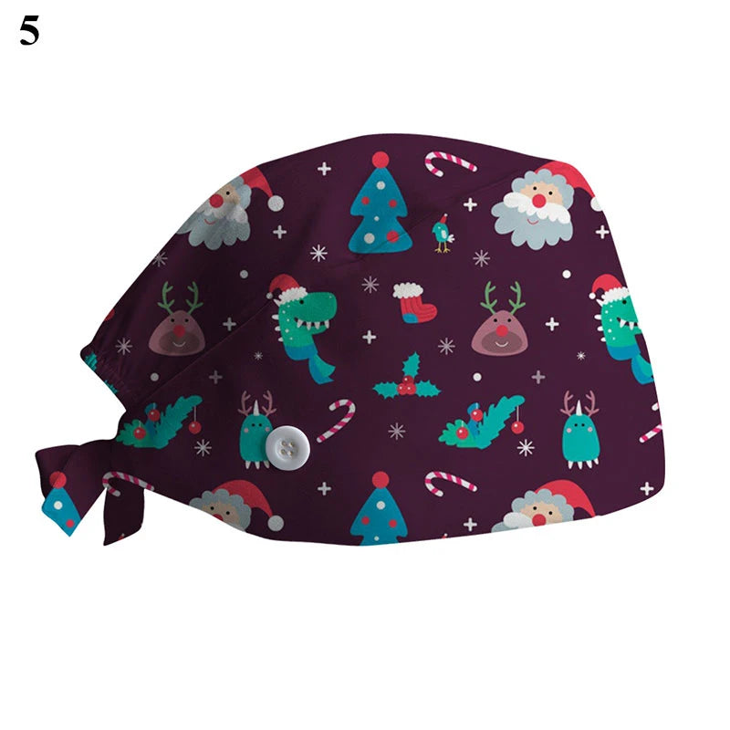 New Christmas Scrubs Caps Santa Claus Print Cap Pet Grooming Agency Work Scrubs Hat Beauty Work Hats Lab Nursing Cap