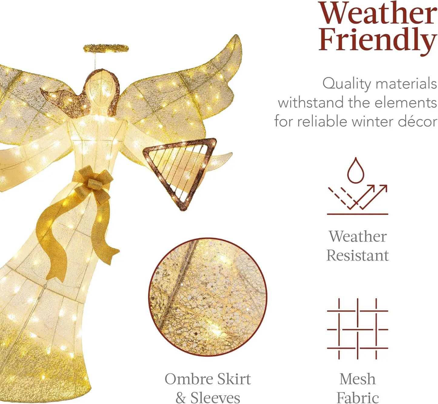 5ft Lighted Outdoor Angel Christmas Decoration, Pre-Lit Winged Holiday Figure for Lawn w/ 140 LED Lights, Harp, Bow