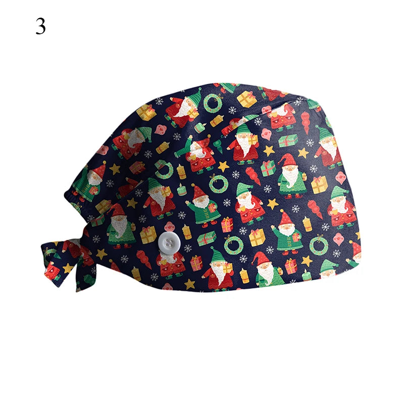 New Christmas Scrubs Caps Santa Claus Print Cap Pet Grooming Agency Work Scrubs Hat Beauty Work Hats Lab Nursing Cap