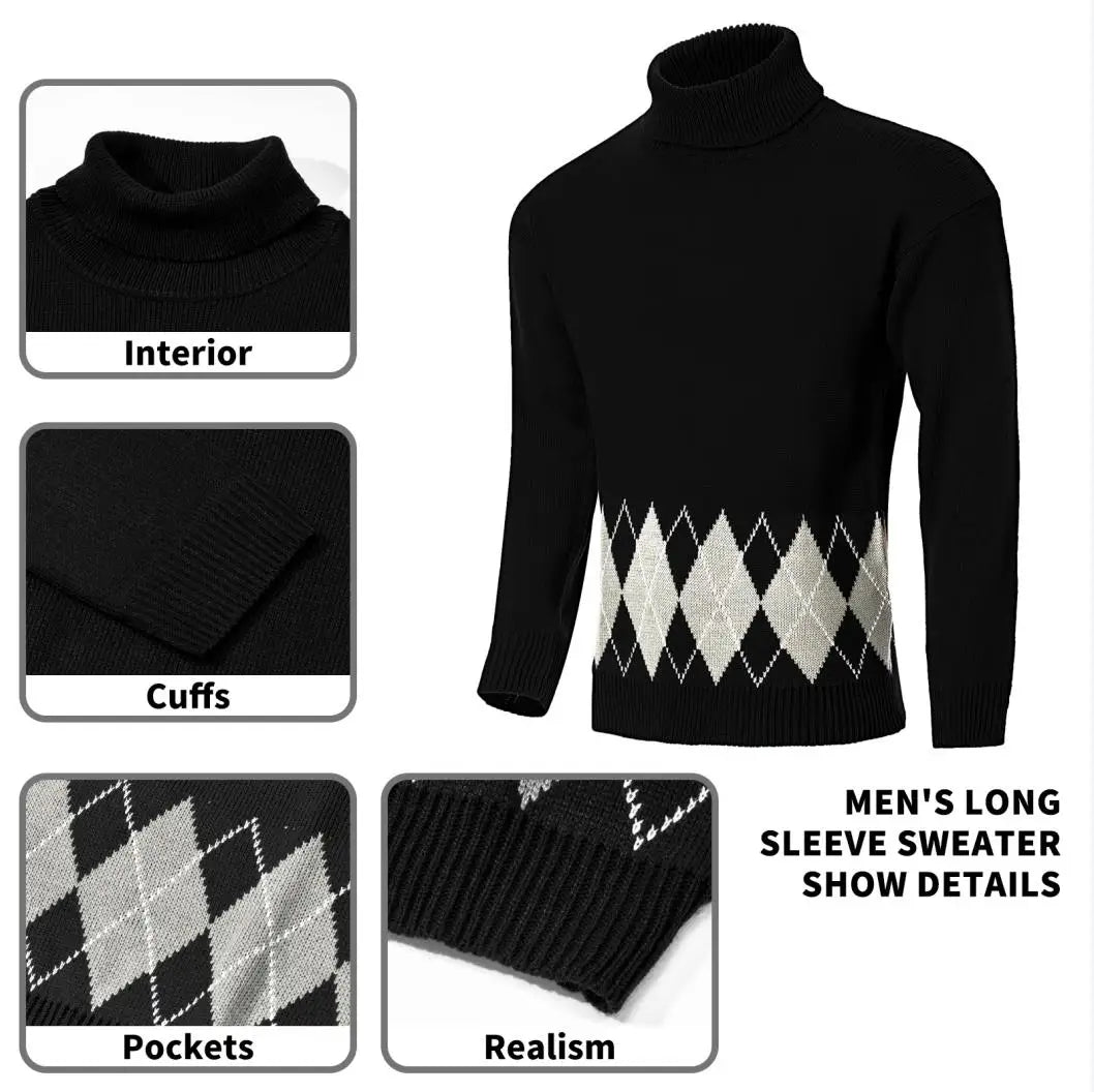 Men's Vintage Turtlenecks Sweater Argyle Thermal Knitted Pullover Fashion Luxury Sweaters Clothing New Style Oversized