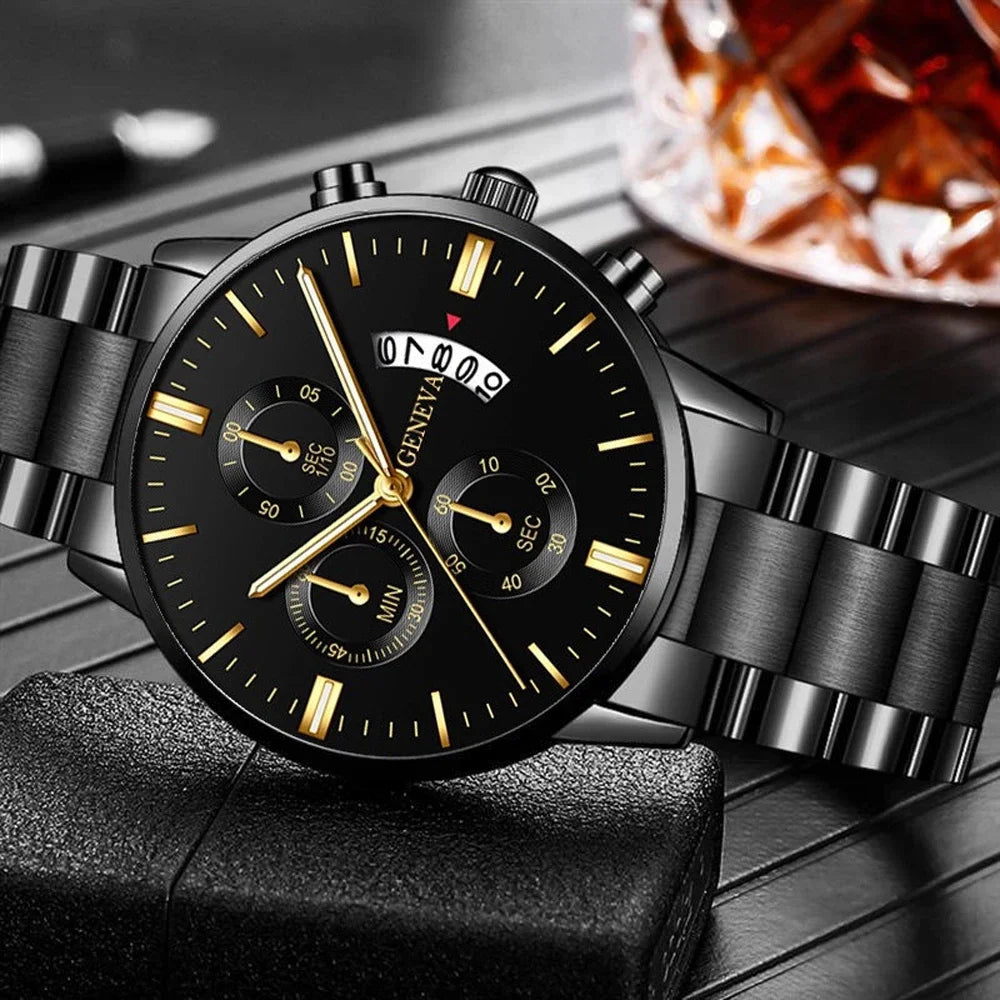 New Geneva Leisure Business Men's Watch Fashion Three Eyes Military Quartz Watch Stainless Steel Waterproof Gentleman Wristwatch