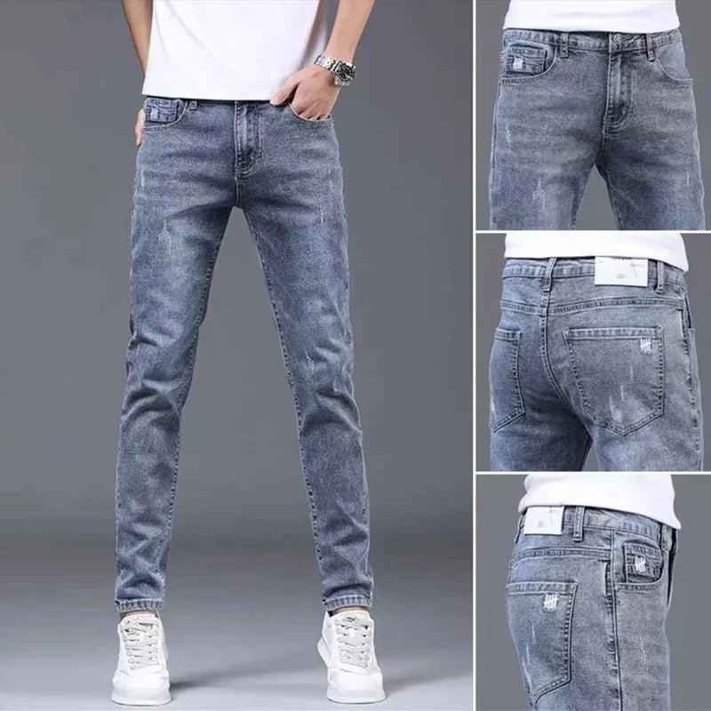 Boyfriend Daily All-match Pencil Distressed Jeans Men Casual Slim Fit Denim Pants Narrow Leg Ripped Pants Skinny Solid Trousers