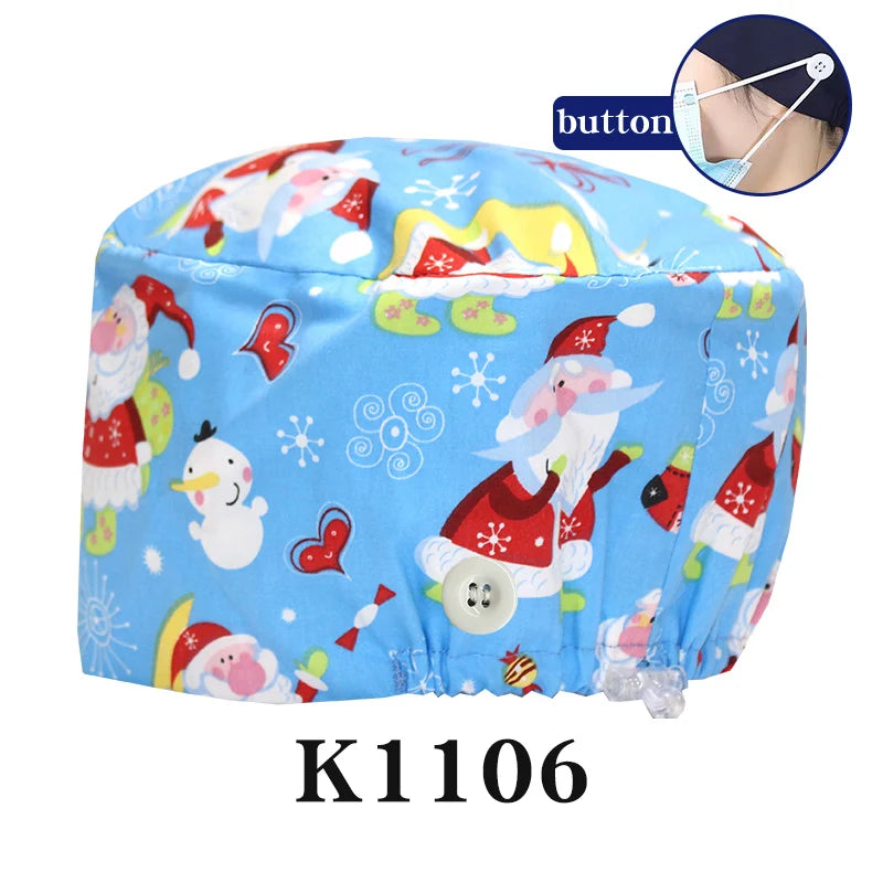 Santa Claus Print Surgical Caps Christmas Scrub Hats Dental Hospital Nurse Headwear Durable Medical Caps Soft Cotton K1093