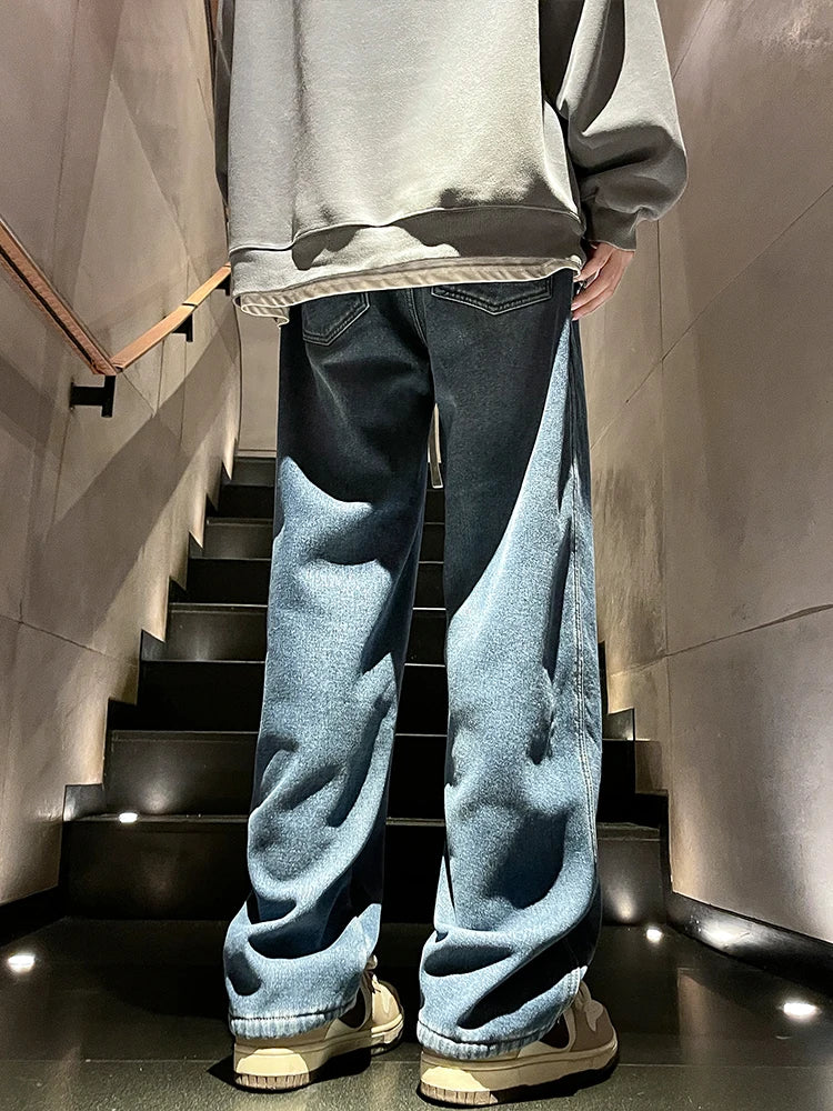 Winter Men's Jeans Korean Fashion Fleece Liner Thick Warm Straight Denim Pants Washed Cotton Retro Blue Wide Leg Jean Trousers