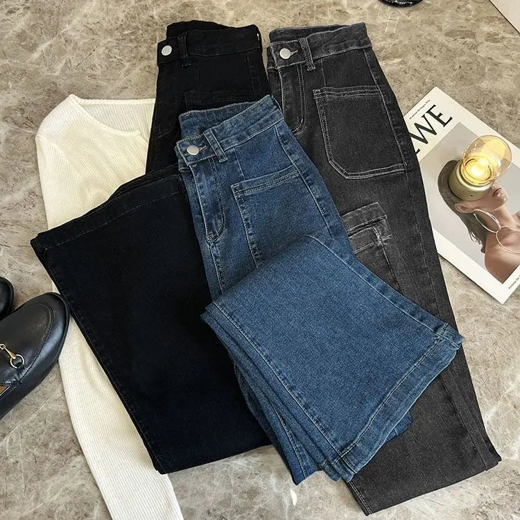 New High Waist Trousers Loose Washed Jeans Pockets Slim Denim Flare Classic Women Vintage Stretch Straight Trousers All-match