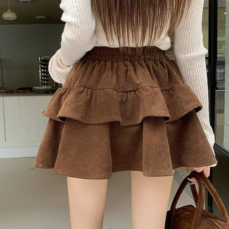 Autumn Winter, High-waisted, Solid Corduroy A-line Tutu Sweet and Versatile, Cake Skirt