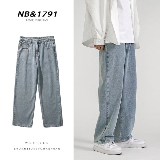 Korean Fashion Men's Baggy Jeans Classic All-match Solid Color Straight-leg Denim Wide-leg Pants Male Light Blue Grey Black