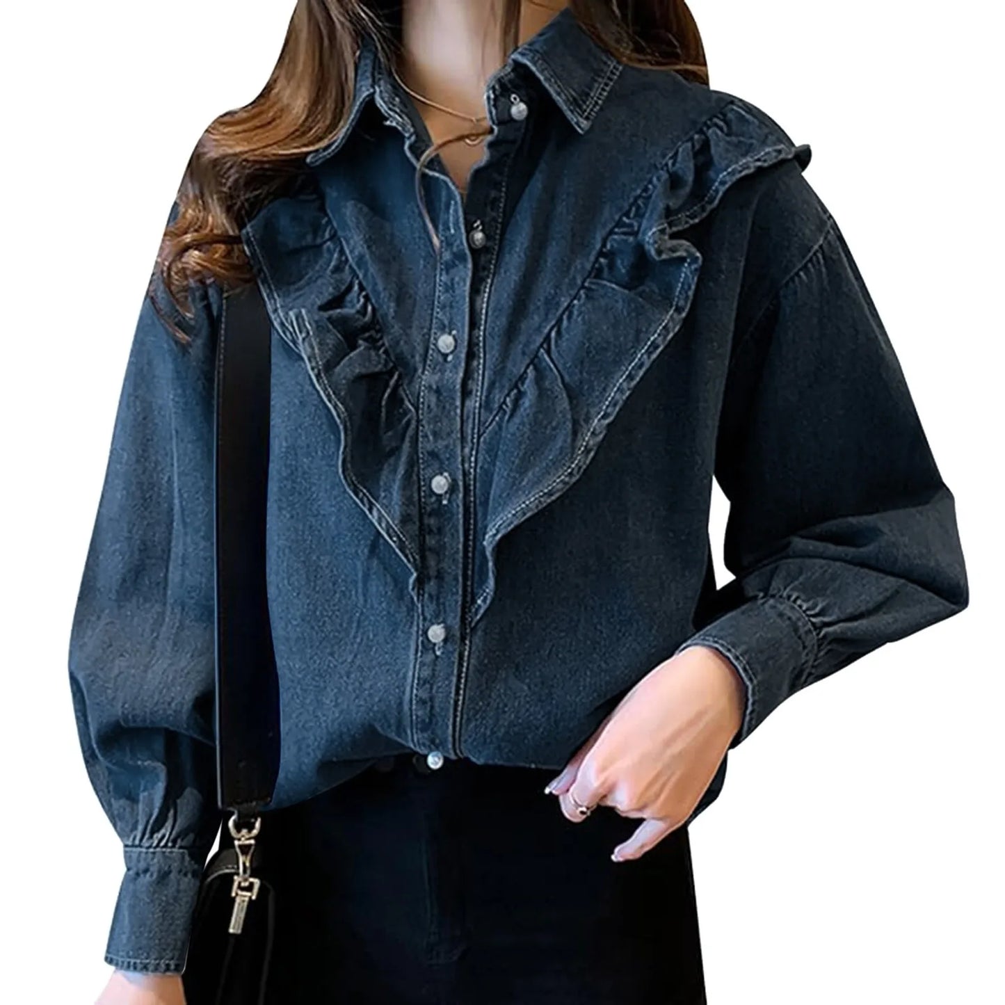 Women's Korean Style Ruffles Neck Denim Shirt Vintage Deep Blue Loose Double Pocket Long Sleeved Versatile Casual Coat Shirt