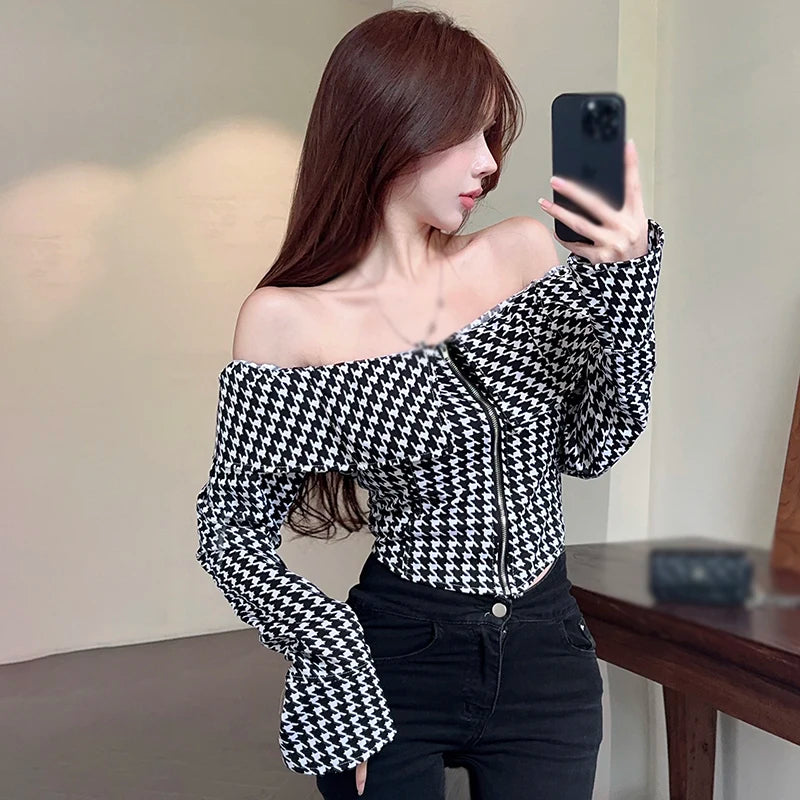 Women's Shirt Korean Version Spring Autumn Plaid Zipper Long Sleeves Fashion Blouse Clothing