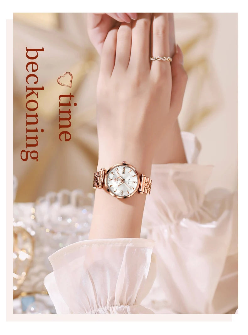 OLEVS 5536 Luxury Brand Diamond Quartz Women's Watch Fashion Elegant Rose Gold Waterproof Women's Watch Bracelet Set Reloj Mujer